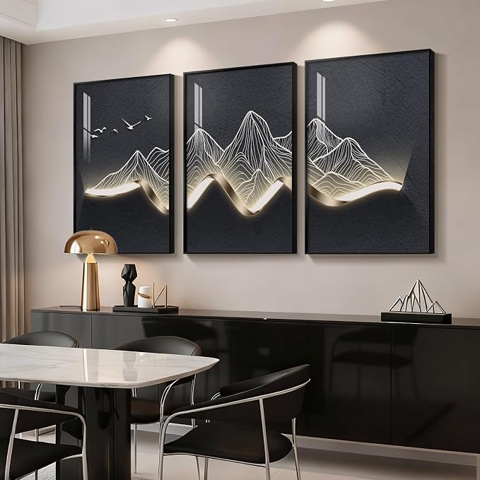 Large Framed Modern Abstract Mountain Wall Art for Living Room, 3 Piece Contemporary Minimalist Prints Paintings, Elegant Luxury Pictures for Entryway, Bedroom, Home Office Wall Decor 24x36 In