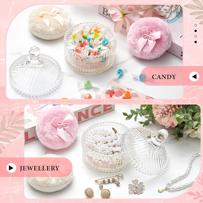 Tioncy 3 Pcs Large Body Powder Puff and Container Valentine's Day gift Powder Container with Puff Crystal Case Soft Washable Reusable Velour Face Body Glitter Wet Dry Makeup (Pink Bow,Clear)