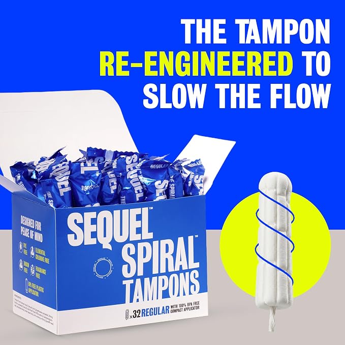 Sequel Spiral Tampons for Women, Regular Absorbency, 32 Count — Patented Helical Design, BPA Free Compact Plastic Applicator, Dye Free, Fragrance Free