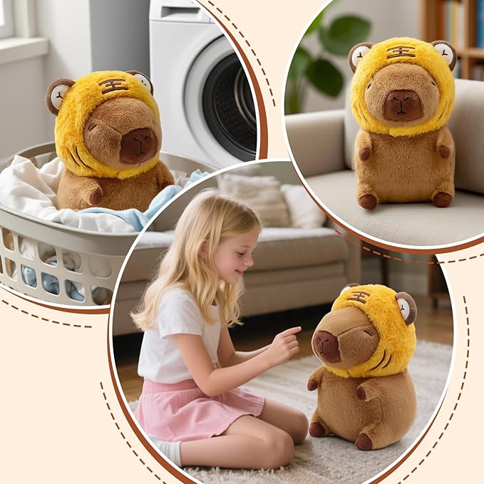 Cute Capybara Plush Wear Tiger Hat, Kawaii Soft Capybara Plushie Pillow, 14 inch Capybara Stuffed Animal Hugging Gifts for Kids Adults (Tiger Capybara)