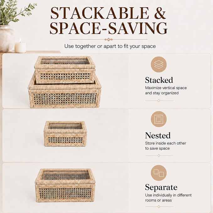Rattan Decorative Boxes with Glass Lids | Set of 2 Handwoven Wood Display Storage Box for Keepsakes,Shelf Bedroom Coffee Table Home Decor, Boho Style