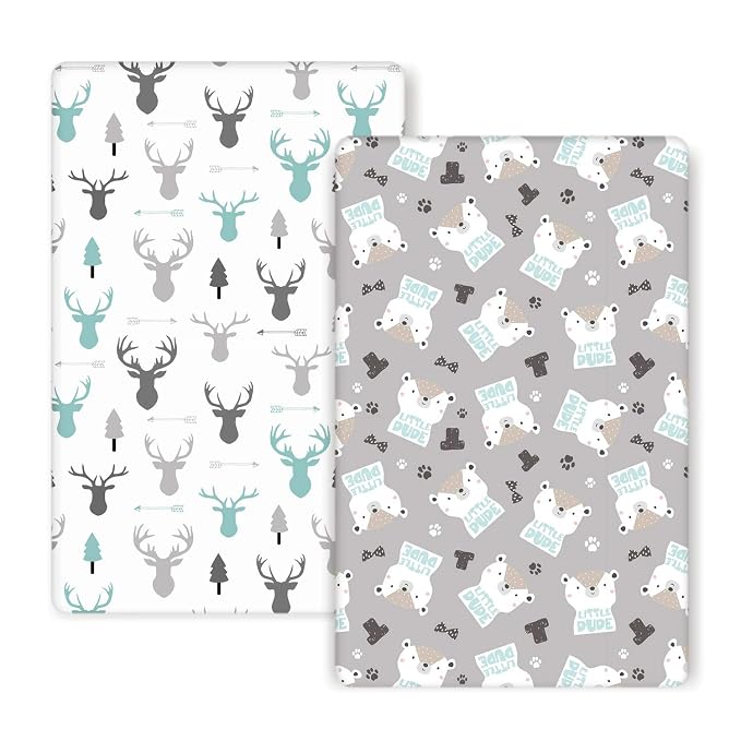 GRSSDER Stretchy Ultra Soft Jersey Knit Fitted Pack n Play Sheets 2 Pack, Playard Sheets for Baby Girls and Boys, Universal Fit for Pack N Plays Safe and Snug, Cute Bear and Deer