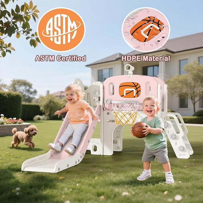 BIERUM 9 in 1 Toddler Slide Set, Baby Slide for Toddlers 1-3 with Ring Toss and Basketball Hoop, Indoor Outdoor Toddler Playset Playground Pink Gray