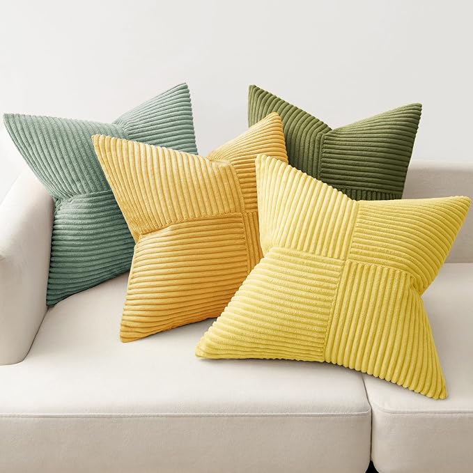 MIULEE Boho Farmhouse Spring Decorative Throw Pillow Covers 20x20 Inch 4 Packs Soft Vintage Pillow Cases Modern Corduroy Patchwork Cushion Covers for Couch Sofa Bed Summer Home Decor, Yellow Green