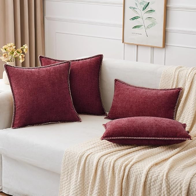 MIULEE Decorative Couch Throw Pillow Covers 16x16 Inch Burgundy Red 2 Pack | Farmhouse Pillow Covers with Stitched Edge, Soft Chenille Cushion Cases, for Sofa Bed Living Room Home Decor