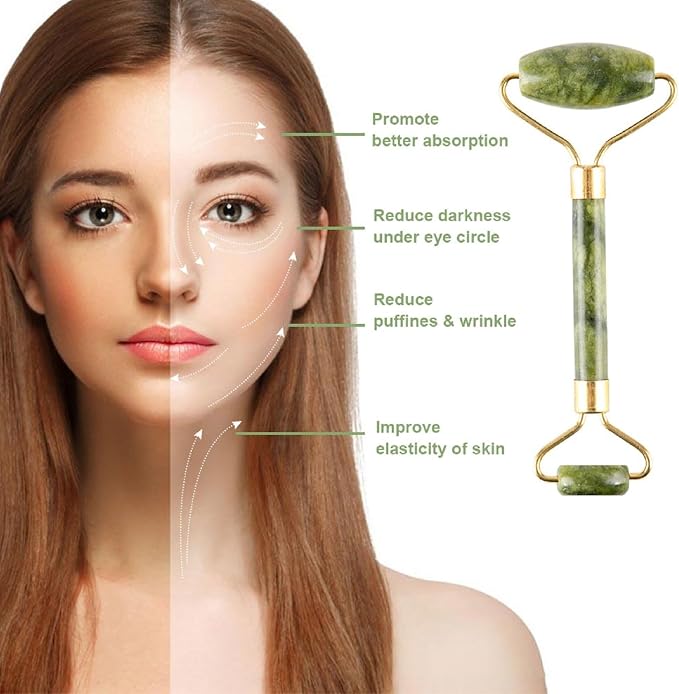 Jade Roller & Gua Sha Set 5-in-1, Full Body Massage Tools | Cool natural Xiuyan jade for depuffing facial massage, portable travel skincare kit, ideal stocking stuffer gifts for women