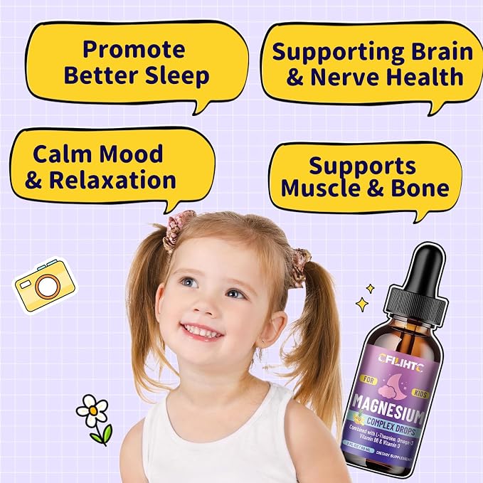 Kids Magnesium Liquid Drops-Magnesium Glycinate Liquid for Kids Supplement-w/L-theanine, Omega-3, Vitamin B6, D3 - for Sleep, Relaxation, Brain, Bones - Pineapple Flavor, 4 Fl Oz