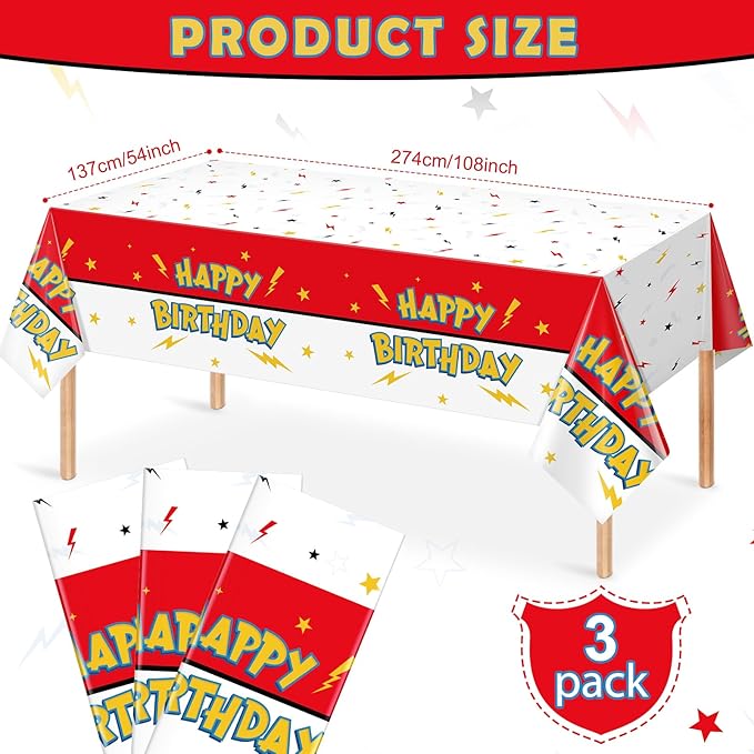 3 Pack Red White Birthday Tablecloth Party Decorations, Lightning Bolts Plastic Table Cloth, Disposable Cartoon Table Cover for Kids Birthday Baby Shower Party Supplies Decorations, 54” x 108”