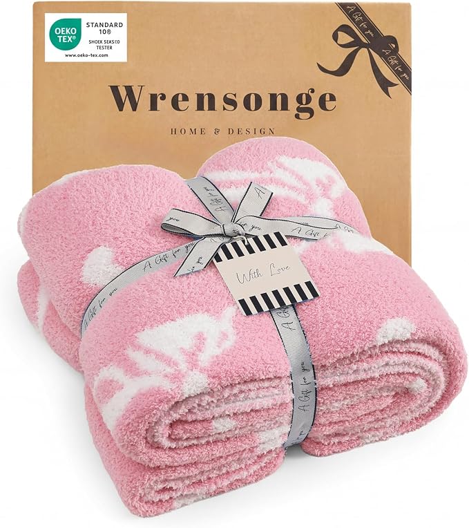 Soft Throw Blanket for Couch-Cozy Reversible Knitted Blankets | Lightweight Warm Fluffy Decor for Women, Mom, Her & Girls, Sofa, Chair, Bed, 50x60in, Diamond Bowknot Pink