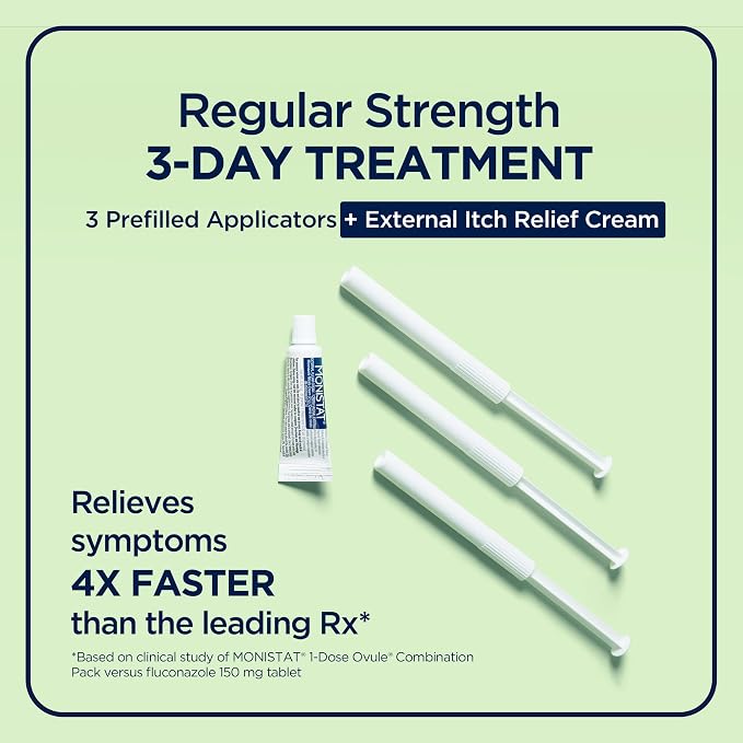 Monistat 3-Day Yeast Infection Treatment for Women, 3 Pre-Filled Miconazole Cream Applicators & External Itch Relief Anti-Itch Cream (9g Tube) Combo Pack, Regular Strength