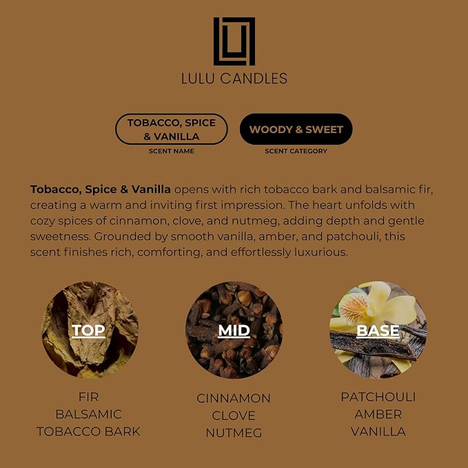 Lulu Candles | Tobacco, Spice & Vanilla | Luxury Scented Soy Jar Candle | Hand Poured in The USA | Highly Scented & Long Lasting (9 Oz.)
