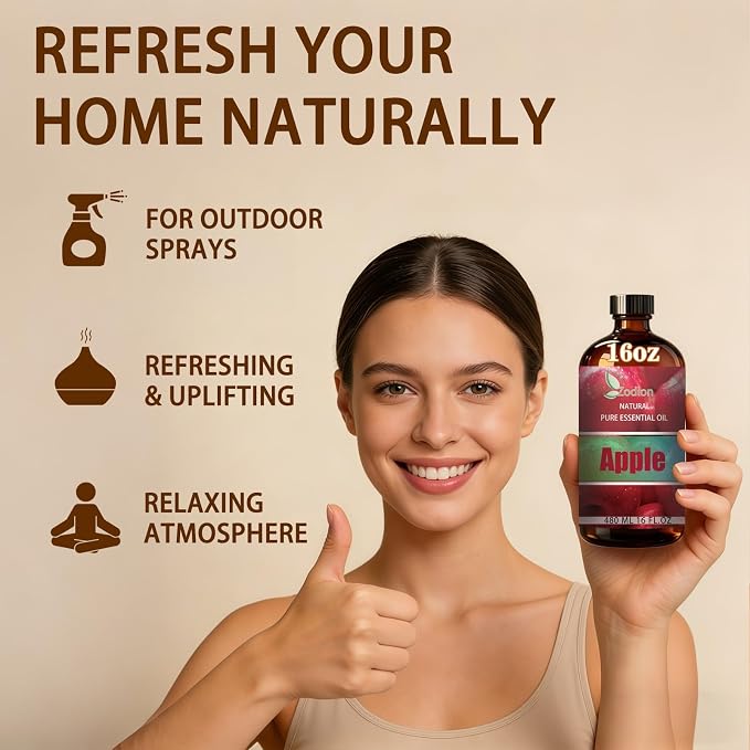 Apple Essential Oil - Apple Oil for Diffuser, 16 Fl Oz(480ml) | Candle Making, Soap Making, aroma, Strong Scent, Pure, Natural, Home Fragrance, Massage, Large Bottle