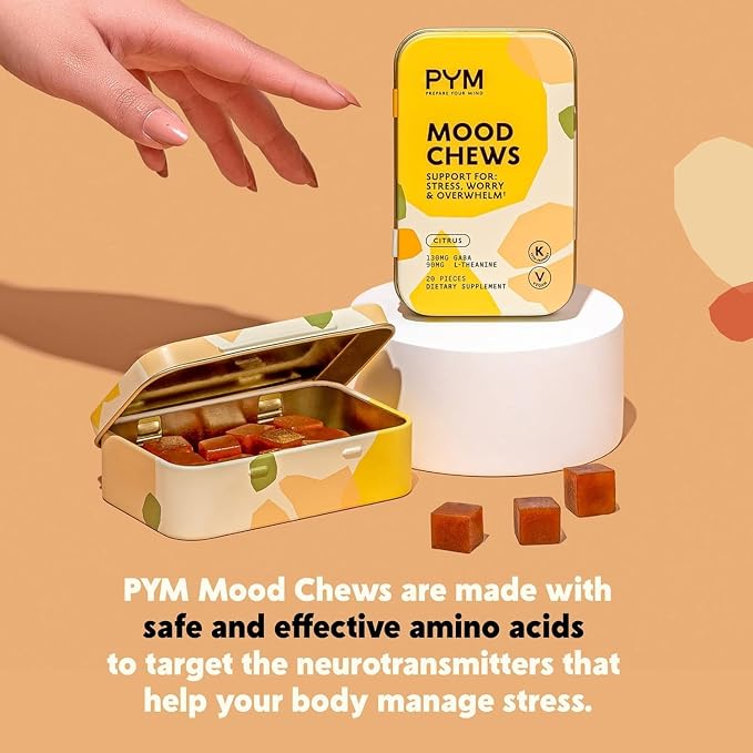 PYM Citrus Mood Chews Support for Stress, Worry & Overwhelm, 60 Count | 130mg GABA, 90mg L-Theanine | Vegan, Non-GMO, Gluten-Free, No Added Sugar | All-Natural Mood Support Supplement Made in USA