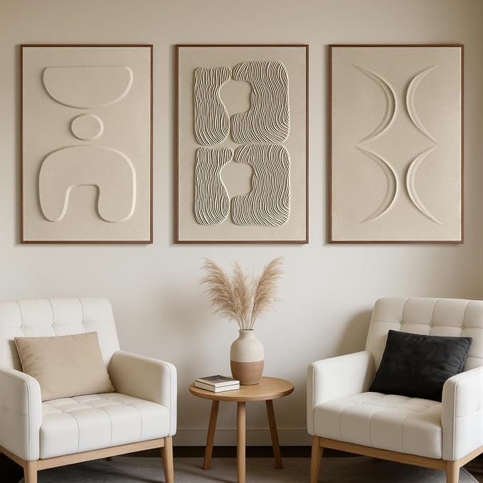 Thalasse Abstract Wall Art Large Framed 3D Sand Beige 16x24 In | Set of 3 Wabi Sabi Abstract Sandstone Relief Artwork with Solid Catalpa Wood Frame, Minimalist Triptych Pictures for Entryway
