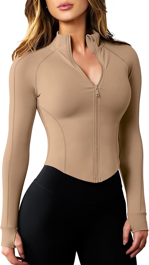 AVGO Women's Workout Jacket Lightweight Zip Up Cropped Yoga Jackets Slim Fit Athletic Tops with Thumb Holes