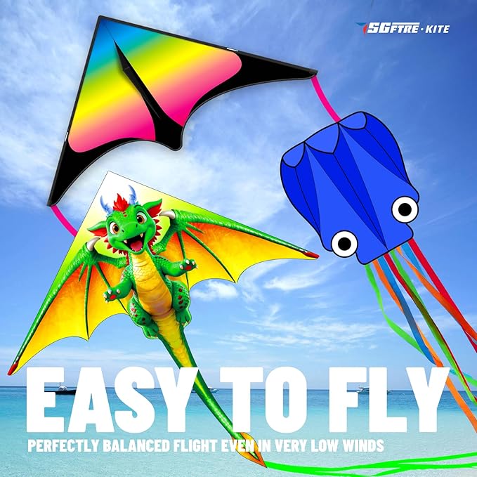 SGftre 3 Piece Set Butterfly Delta Octopus Kites for Kids and Adults，Easy to Fly for Outdoor Adults Children Line Kite for Kids Toy (Green Dragon+ Delta+Octopus Blue, 3)
