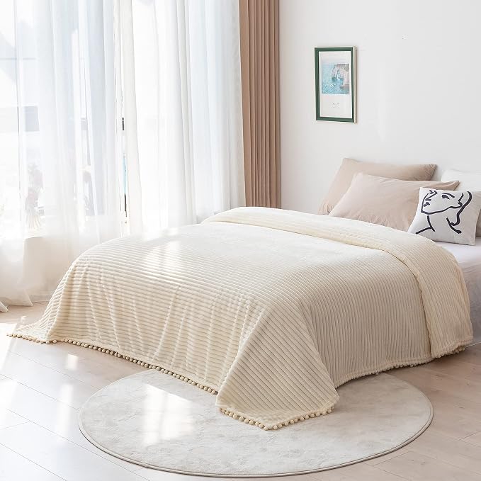DISSA Fleece Blanket Queen Size – 71x80, Beige - Soft, Plush, Fluffy, Fuzzy, Warm, Cozy – Perfect Throw for Couch, Bed, Sofa - with Pompom Fringe - Flannel Blanket