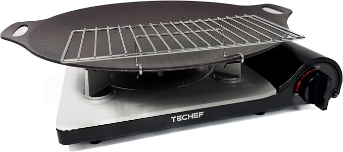 TECHEF - 14-inch Nonstick Round Griddle Grill Pan for Korean BBQ/Teppanyaki Pan, Tawa, Roti Pan/Induction Ready/Made in Korea (Griddle with Rack)