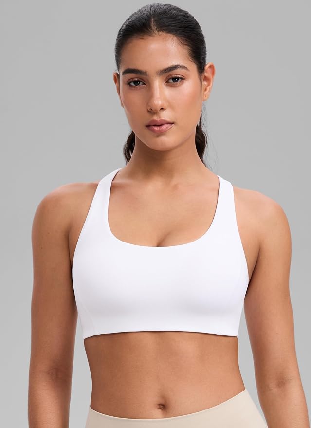 CRZ YOGA SculptAir Wide Straps Cross Back Sports Bras for Women - U Neck Medium Impact Wireless Padded Workout Top