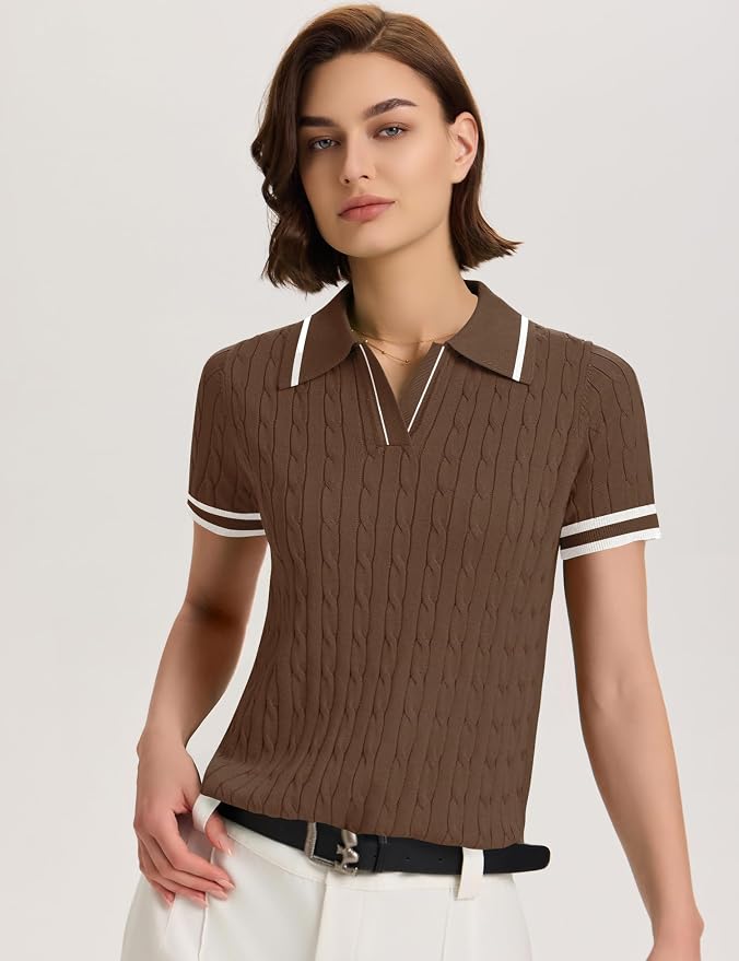 Micoson Womens Short Sleeve Sweater Tops Lapel V Neck Polo Shirts 2026 | Summer Cable Knit Loose Blouses, Business Casual Outfits