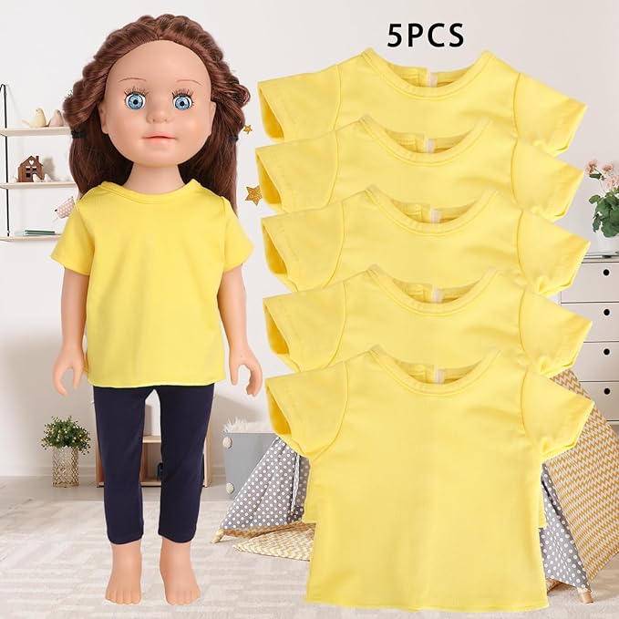 5-Piece Yellow T-Shirts for 17-18 Inch Dolls | Plain Short Sleeve Tees for DIY Customization