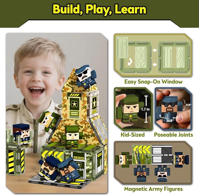 GobiDex 100PCS Army Magnetic Tiles with 6 Toy Soldiers, Military Magnetic Blocks Building Toys for Kids Ages 3-5 4-8, STEM Construction Army Men Toddler Toys Birthday Gifts for 3+ Year Old Boys Girls
