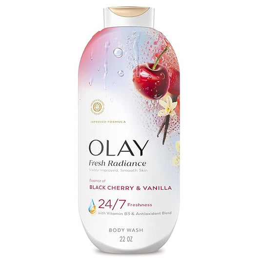 Olay Body Wash for Women, Fresh Radiance, 24/7 Skin-Loving Freshness, Visibly Radiant, Plant Based Cleansers, Vitamin B3 & Antioxidant Blend, For All Skin Types, Black Cherry & Vanilla Scent, 22 fl oz