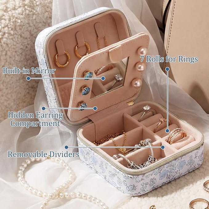 Blue Floral Travel Jewelry Case Quilted Small Jewelry Organizers and Storage Box Gifts with Mirror for Women Girls to Organize Rings, Necklaces Earrings Bracelet Little Accessories Holder