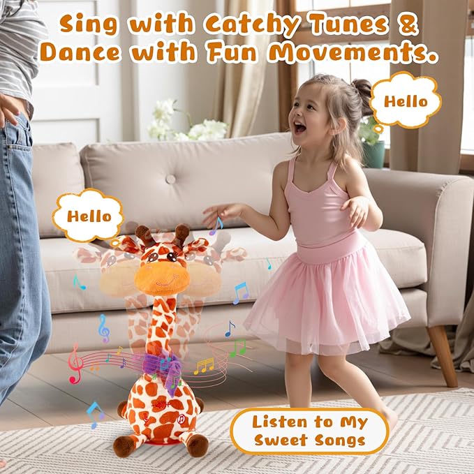 MIAODAM Dancing Giraffe Singing 10 Children's Song, Stuffed Baby Toy Repeats What You Say, Colorful Glowing Plush Interactive Toys (Giraffe-Style 2)