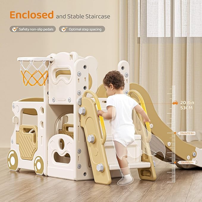 Lischwert 5 in 1 Toddler Slide, Indoor Slides Playground Set for Kids, Outdoor Slide Freestanding Playset, Toddler Playground with Basketball Hoop, Bus Playhouse and Climber for Kids Age 1+