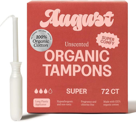 August Super Tampons - Easy-Glide Long Applicators - 72-Pack 100% Organic Cotton Tampons for Women, Non-Toxic, Fragrance-Free, and Hypoallergenic (3 Boxes of 24)