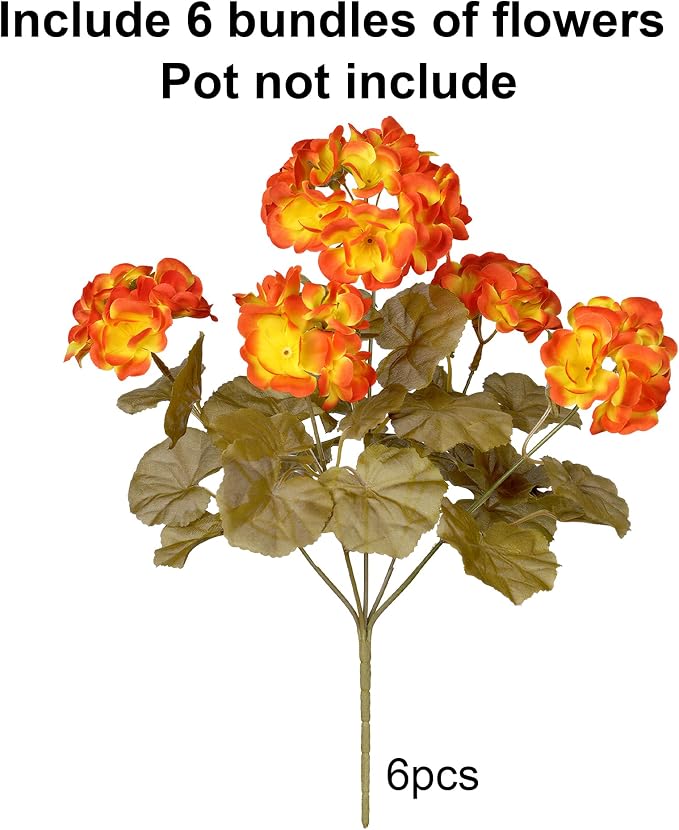 Fake Geraniums Artificial Flowers for Outdoors Autumn Decoration, 6 Bundles Silk Geraniums Look Real Faux Fall Flowers Plants for Front Door Garden Planter Patio Balcony Yard Home Indoor, OrangeYellow