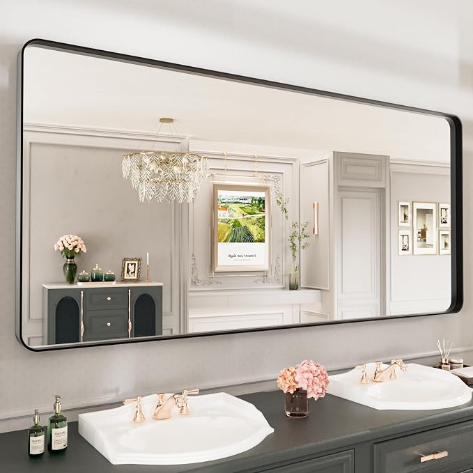 LOAAO 77X36 Inch Black Metal Framed Bathroom Mirror | Matte Black Bathroom Vanity Mirror, Rounded Rectangle, Anti-Rust, Tempered Glass, Hangs Horizontally or Vertically