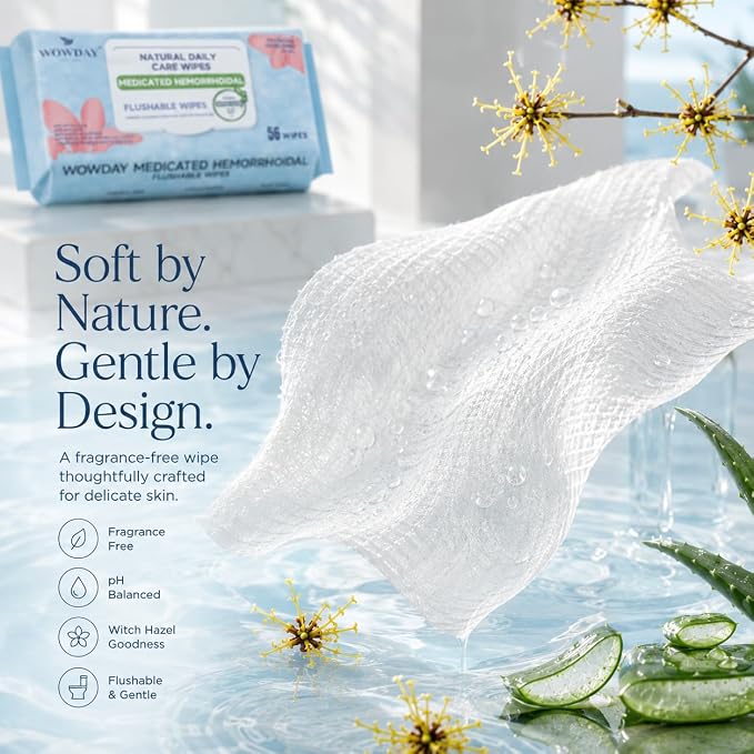 Flushable Hemorrhoid Wipes | Medicated Witch Hazel Wipes Ph Balanced | 180 Count Natural Fragrance Free Adult Hemorrhoids Witch Hazel Wipe for Butt Itch
