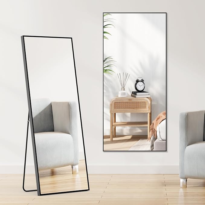OLIXIS 64"x21.5" Full Length Mirror with Stand, Body Mirror | Shatter-Proof Glass, Hanging or Leaning for Wall, Floor Standing, Bedroom Living Room, Long, Black