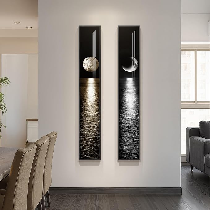 Framed Vertical Moon Wall Art Set of 2, Modern Black White Gold Landscape Canvas Prints Artwork for Walls, Long Narrow Night Sea Pictures for Living Room Bedroom Dining Room Entryway Hallway Wall Decor