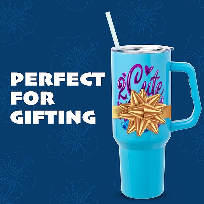 Silver Buffalo Disney Lilo and Stitch “2 Cute” Stainless Steel Tumbler with Handle, Fits in Standard Cup Holder, 40 Ounces (Pack of 12)