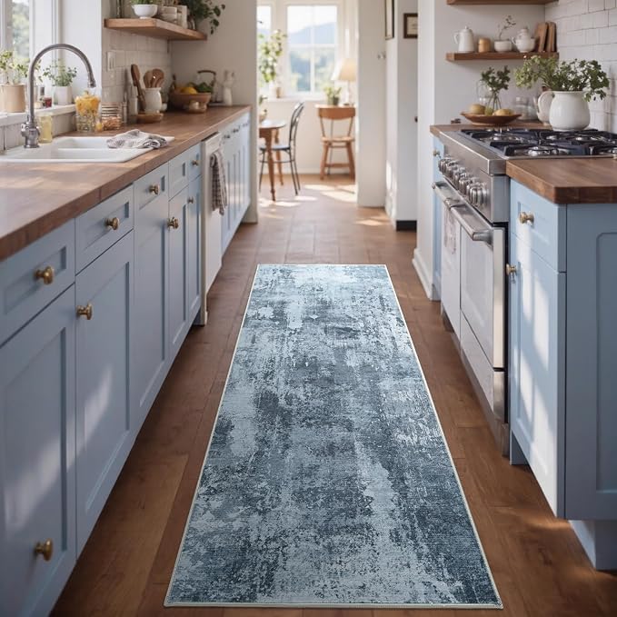 2x6 Ft Washable Runner Rug, Non-Slip Low Pile Hallway Kitchen Area Rug, Soft Long Entryway Floor Mat Abstract Pattern Carpet for Bedside & High-Traffic Areas (Blue Grey)