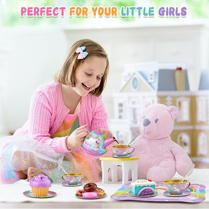 Unicorn Tea Party Set for Little Girls, Age 3 4 5 6 Year Old, Toddler Kids Kitchen Pretend Play Toys with Tin Tea Set, Cake Stand, for Girls Boys