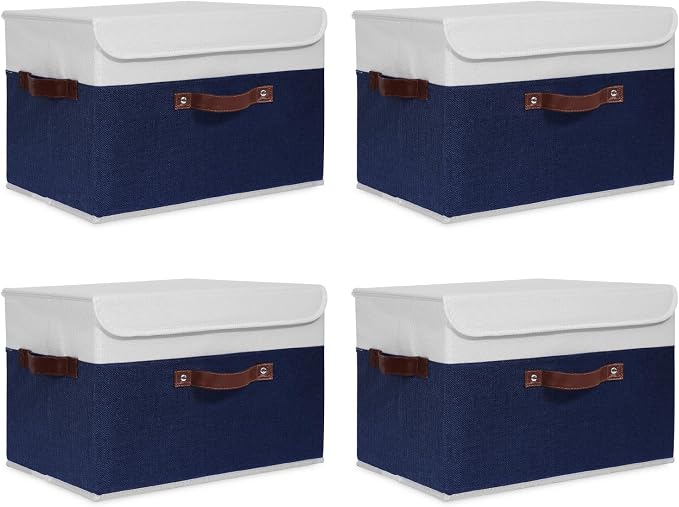 ANMINY Fabric Storage Box Bins with Lids, Blue White, 15"x10"x10", 4 Pack | Keepsake Memory Storage, Cotton Linen, PP Board Reinforced, Washable, PU Handles, Foldable & Stackable, Decorative, Large