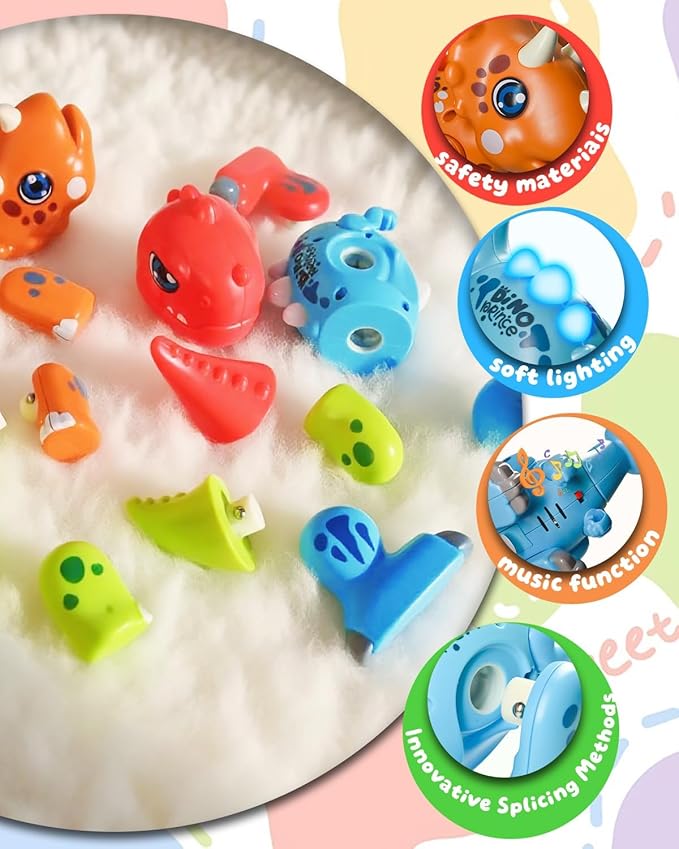 36 Pcs Interlocking Mix or Match Dinosaur Animals Toy Scenario Set, Musical Baby Toys and Light,Not Magnetic Animals for Kids 3 4 5 6
