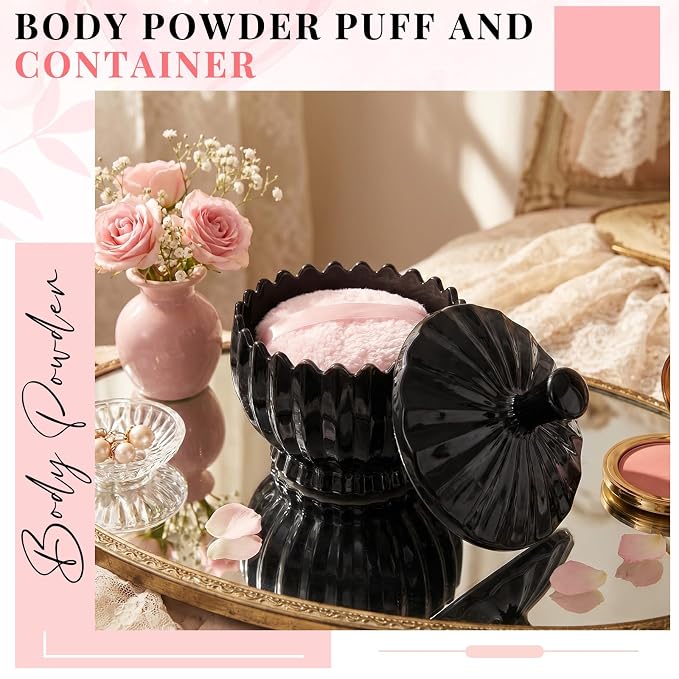 Tioncy 2 Pcs Extra Large Dusting Powder Puff and Container for Women-6'' Glass Crystal Dusting Powder Container Soft Washable Reusable Velour Face(Black,Scalloped)