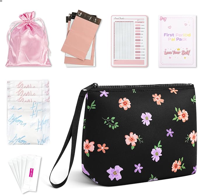 First Period Kit for Girls, Neoprene Sanitary Napkin Storage Bag, Menstrual Pad Bag Tampon Holder for Purse, First Period Gifts for 9-12 (Colorful Floral