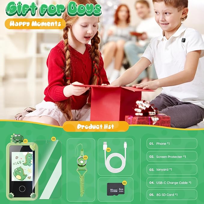 Luyiilo Kids Smart Phone Toys for Boys,Dinosaurs Gift Toys for Boys Ages 3-9 Christmas Birthday Gifts Mini Smart Phone Toys With 2.8" Touchscreen 16 Learning Games Dual Camera Music Player, 8G SD Card