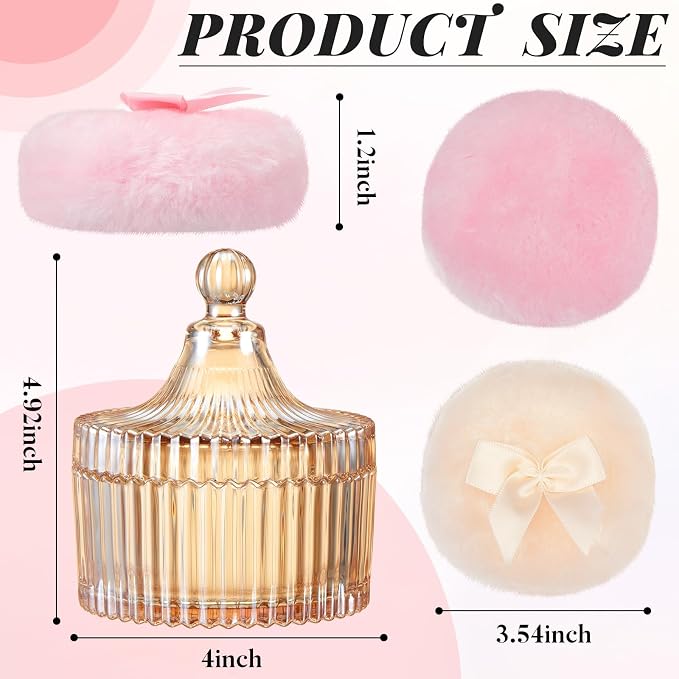 Tioncy 3 Pcs Large Body Powder Puff and Container Valentine's Day gift Powder Container with Puff Crystal Case Soft Washable Reusable Velour Face Body Glitter Wet Dry Makeup(Classic,Amber)