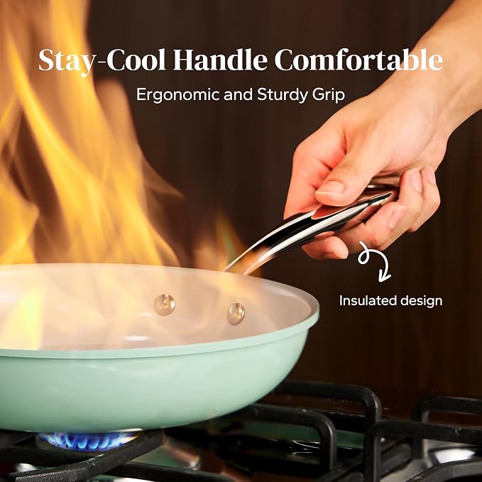 Redchef Non Stick Skillet Ceramic Coated, Healthy Kitchen Cookware for Everyday Cooking, Riveted Handle, Compatible with All Cooktops, PTFE & PFAS & PFOA Free, Mint Green, 9.5 Inch