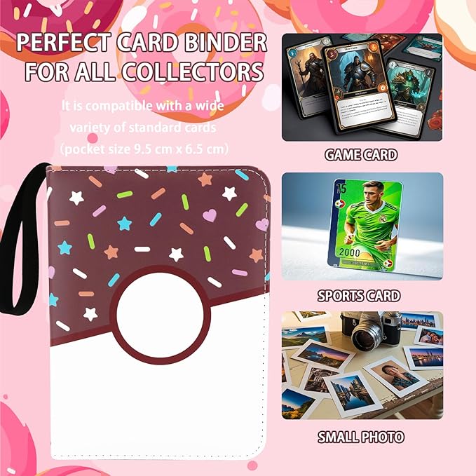 4 Pocket Card Binder 400 Card Holder Album, Pink Donut Trading Cards Holder Zipper Binder for Girl Teen Collection (Choco Donut, 400 Pocket)