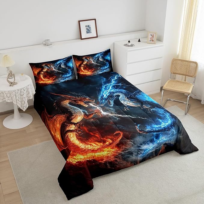 Feelyou Dragon Comforter Set Twin Size Dragon Stuff Comforter for Boys Girls Teens Wild Life Bedding Set Thunder and Lightning Duvet Set Room Decor Blue Orange Quilt Set