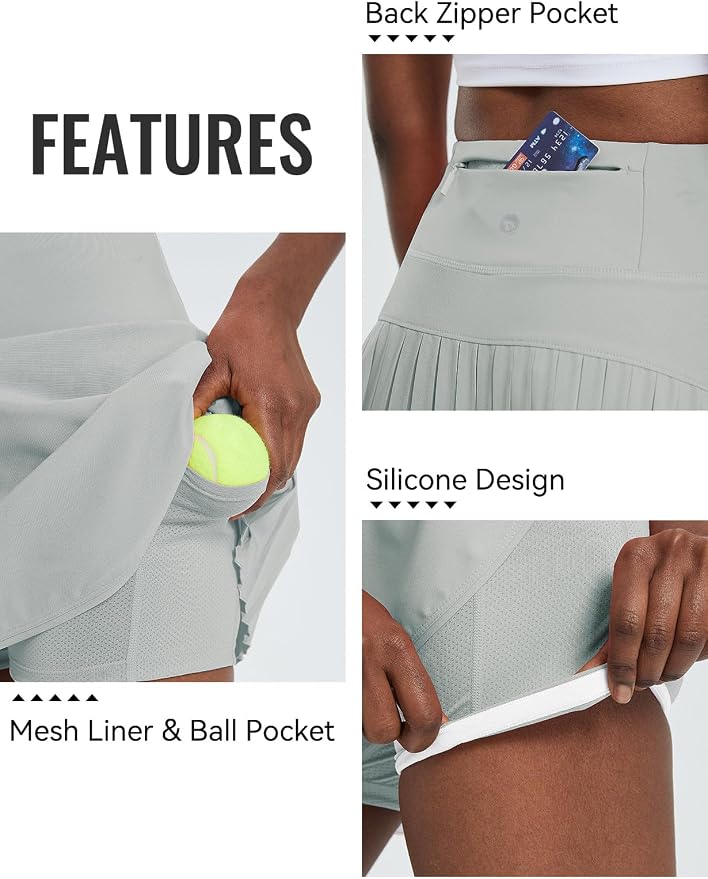baleaf Tennis Skirt Pleated Golf Skorts with 3 Pockets | 14", Built in Shorts, High Waisted, Anti-slip Strip, Lightweight, for Athletic, Workout, Pickleball, Skorts for Women