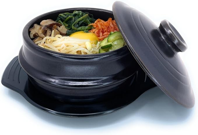 Korean Stone Bowl with Lid, Ttukbaegi for Bibimbap & Soup, 32 fl oz | Twice-fired natural clay, sturdy earthenware construction, Microwave and dishwasher safe, Use on gas stovetop, grill or oven
